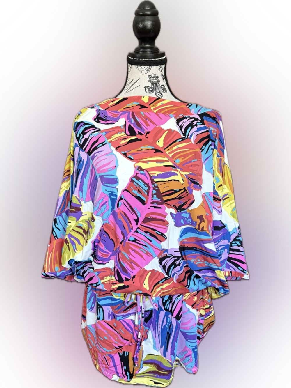 Vintage ABS Allen Schwartz Bright Palm Tropical Cover Up Kaftan Tunic Dress